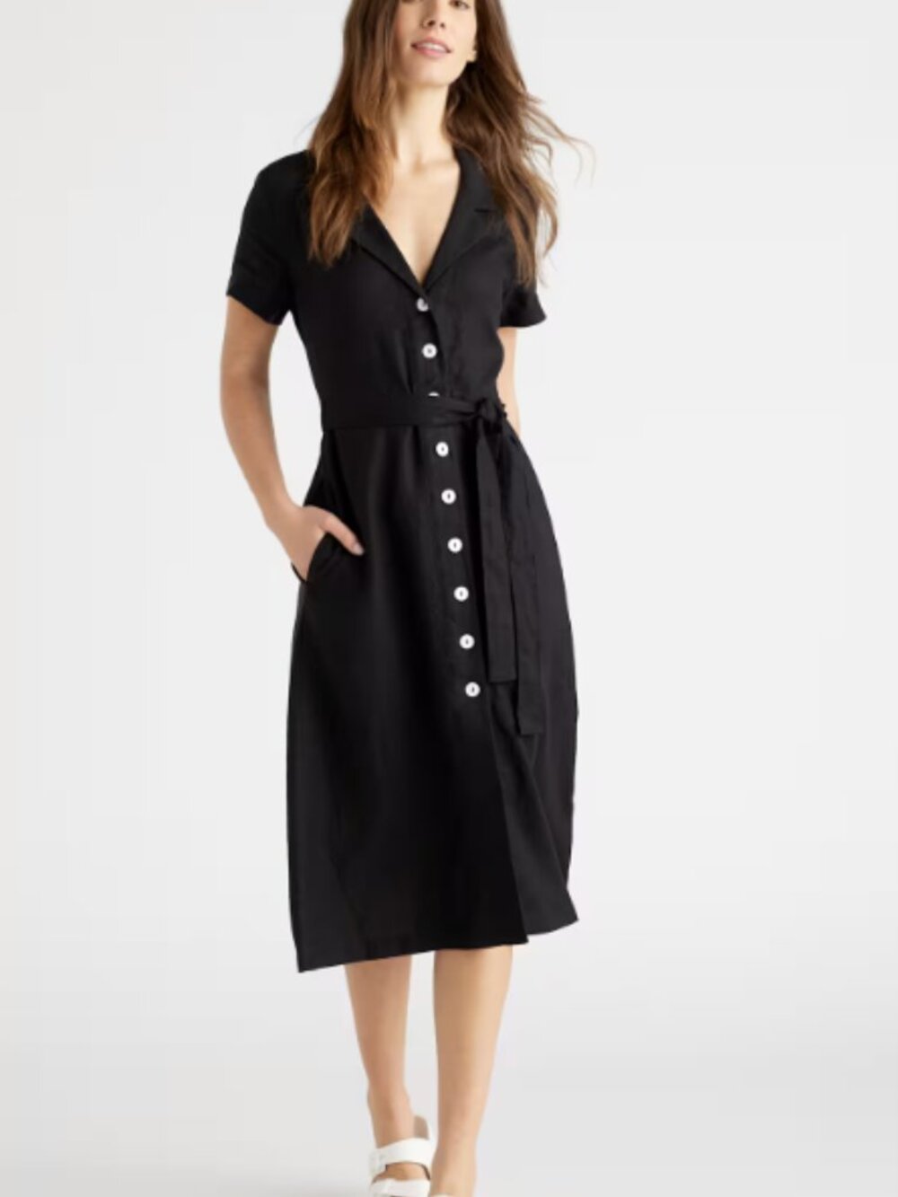 Quince Medium Black Midi Collared European Flax Linen Button Front Dress Belt